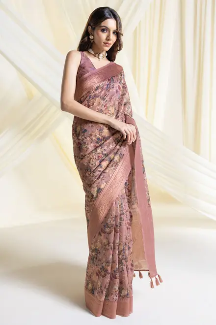 Earth Chanderi Floral Print Saree With Tassels